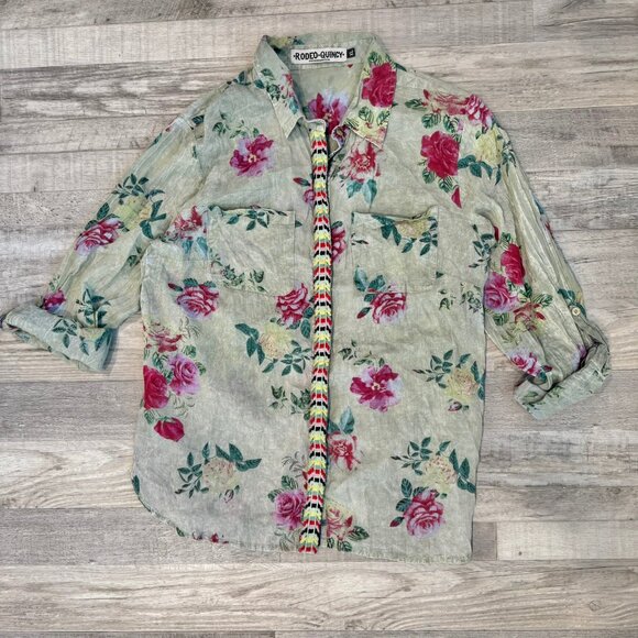 Rodeo Quincy multicolor floral embroidered cotton button down size XL B12 - Picture 1 of 6
